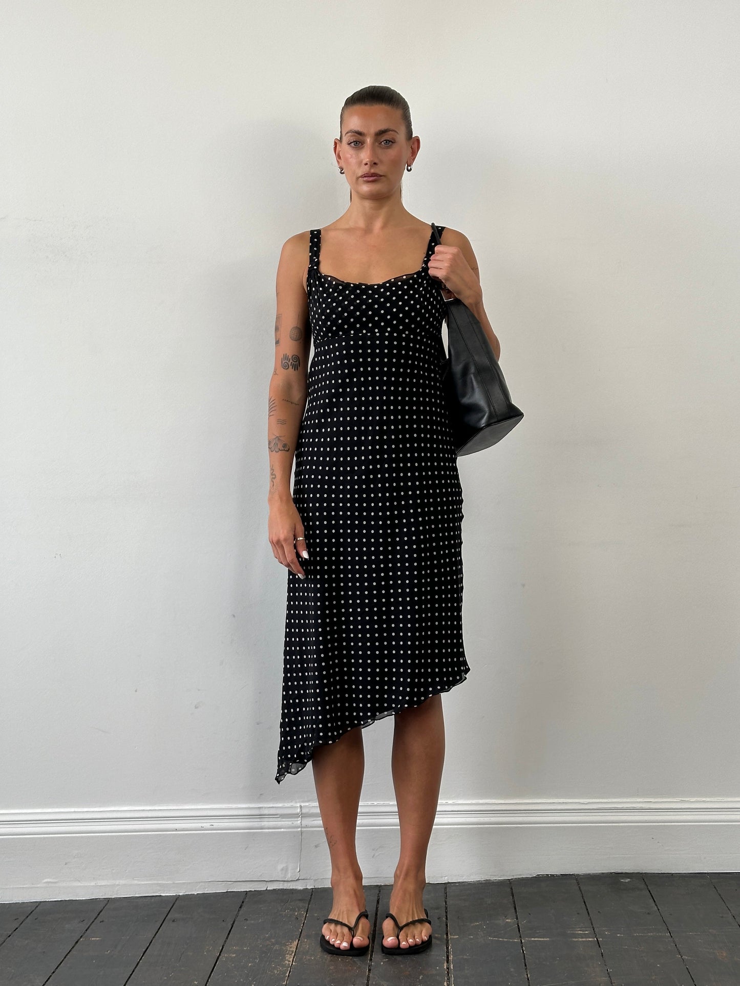 Max Mara Pianoforte 1990s Pure Silk Polkadot Asymmetric Midi Dress - S/M
