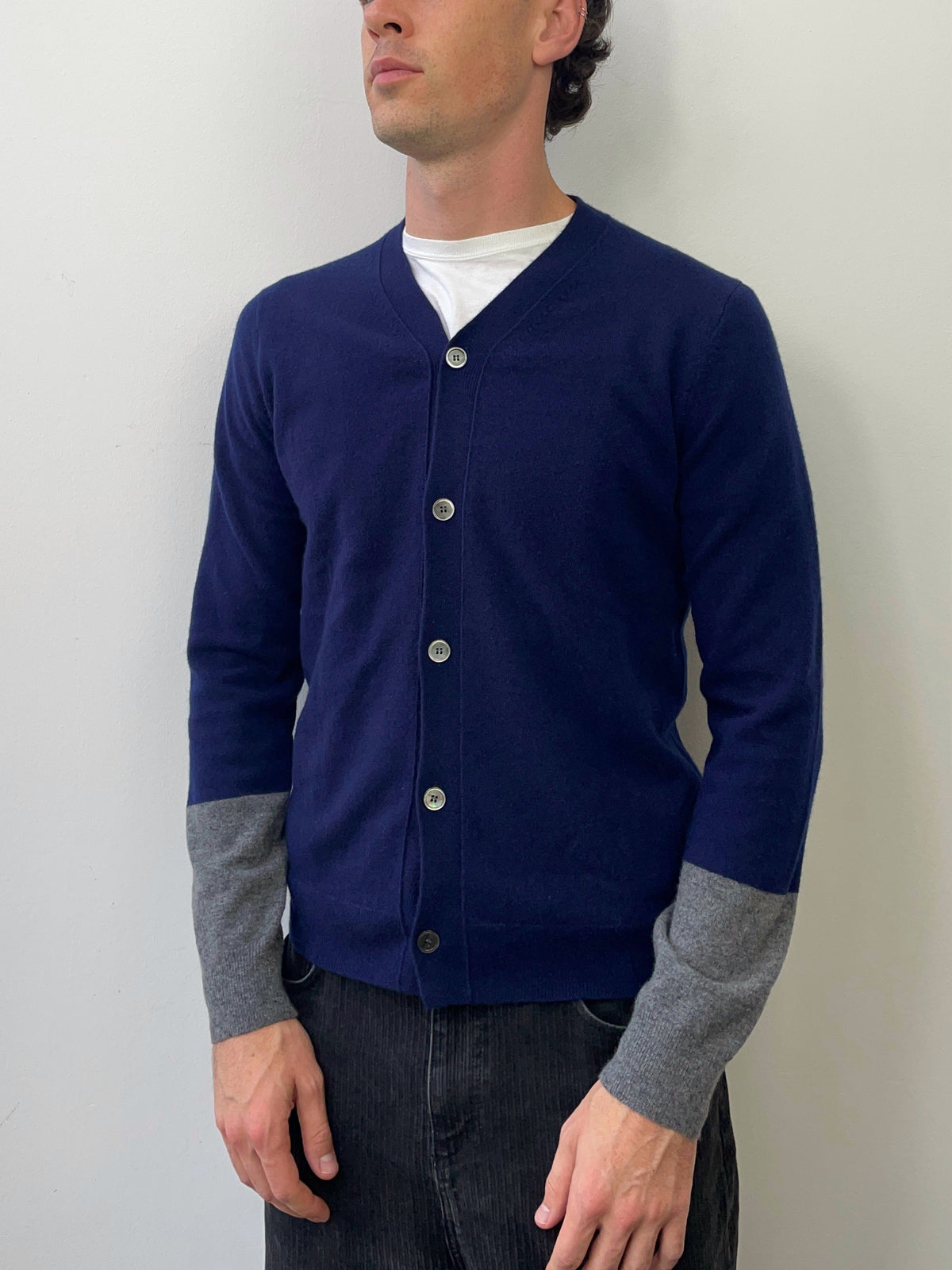 Comme Des Garçons SHIRT Lambswool Forever Cardigan | Medium, Navy Blue, Gray
