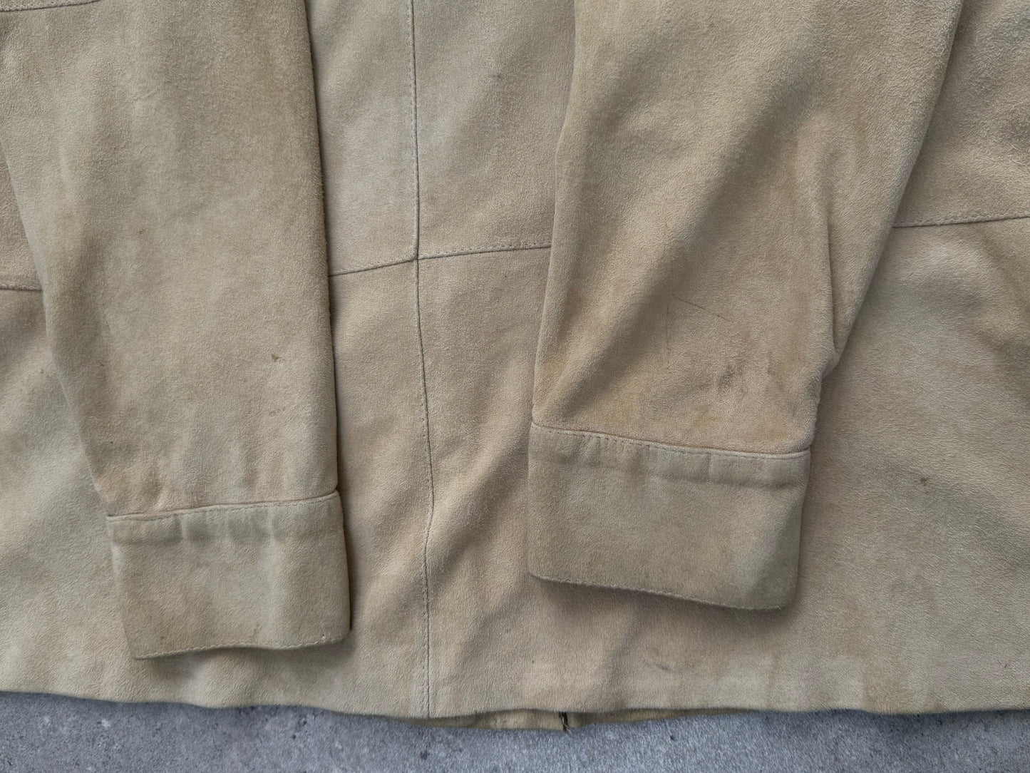 Marella 1990s suede minimal shirt in tan color, displayed flat with collar and long sleeves, high-quality suede fabric.
