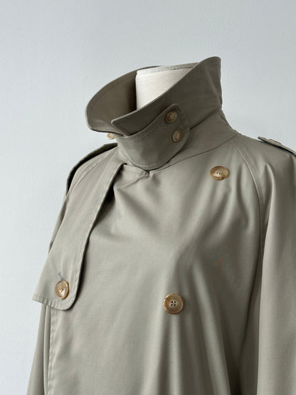 Vintage Italian 1990s high neck belted trench coat in XL, showcasing classic design, belted waist, and high neckline.