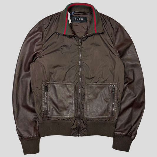 Gucci Brown Nappa Leather Hybrid Logo Bomber Jacket - IT46 (S) | Default Title, Brown