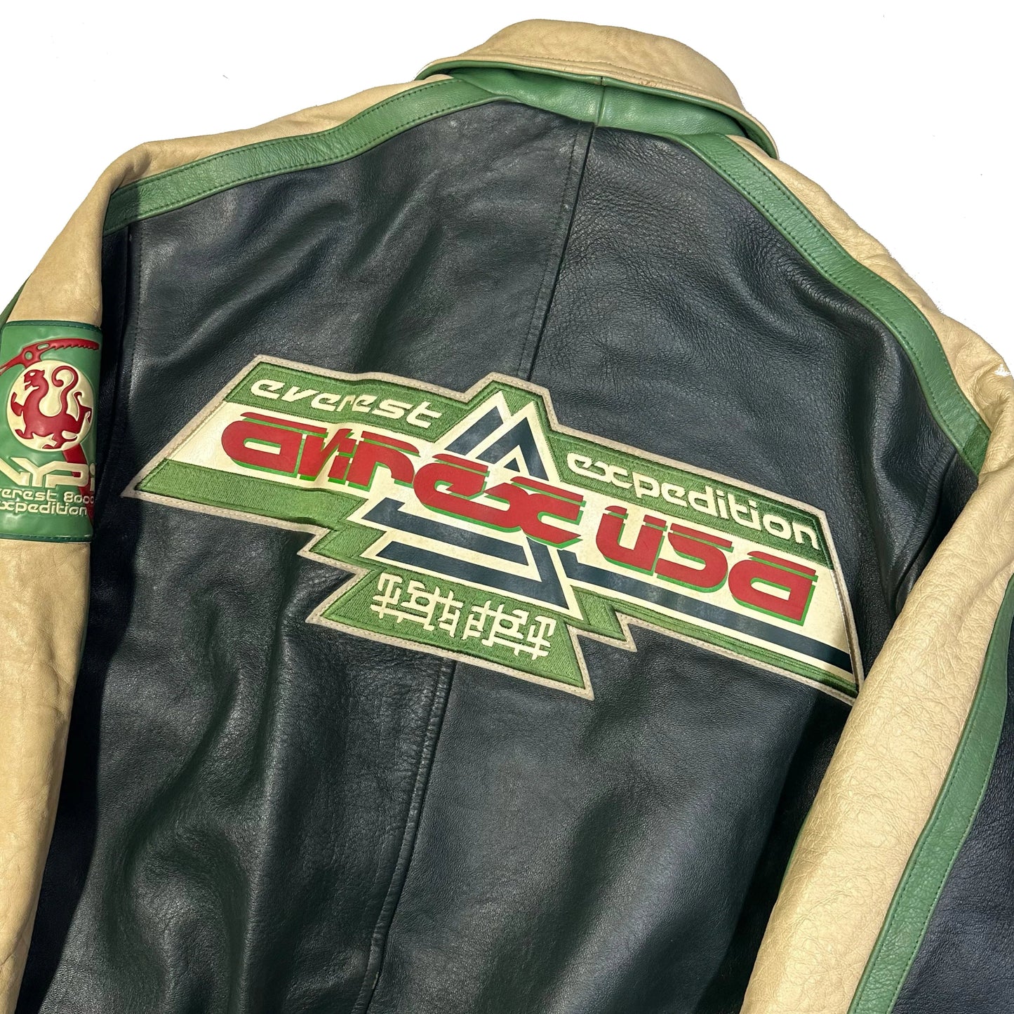 Avirex Everest Expedition Leather Jacket In Green & Beige ( M )