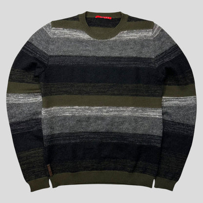 Prada Sport 2006 Striped Mohair Alternating Texture Leather Logo Knit Jumper - S