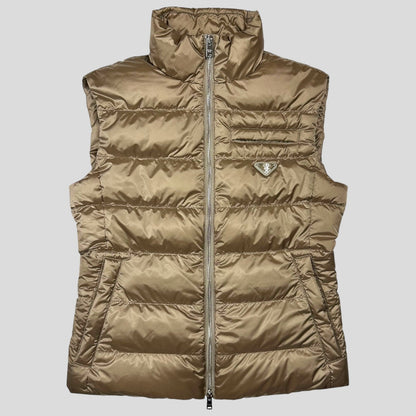 Prada Milano 2017 Satin Champagne Nylon Down Logo Gilet - IT40 (UK8)