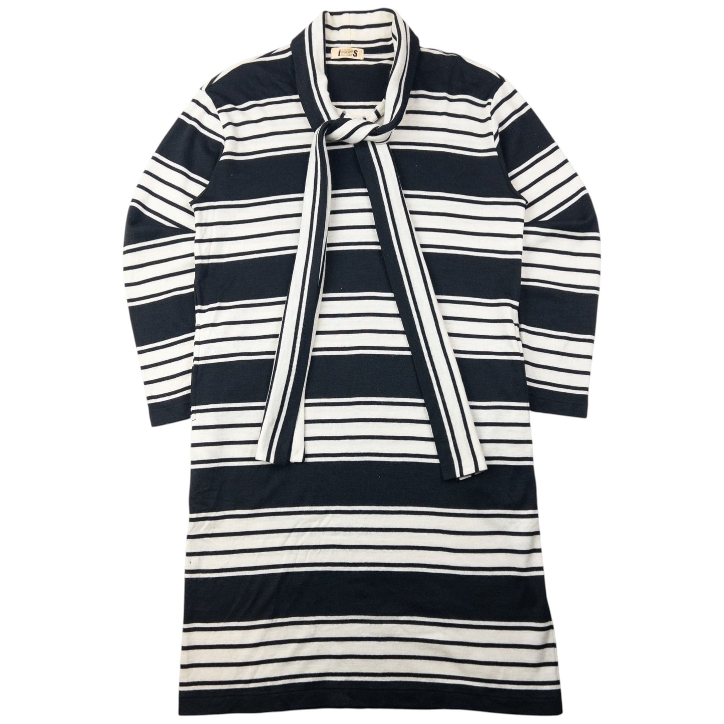 Vintage 80s Issey Miyake I.S. Striped Tie-Neck Sweater Dress Womens Size L | Large, Black