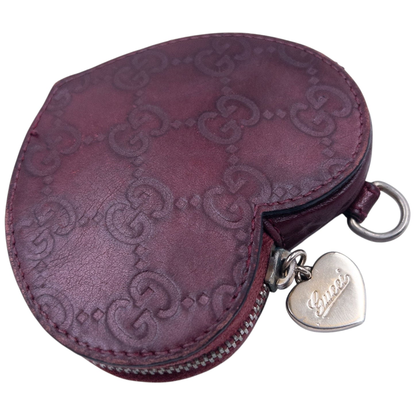 Vintage Gucci Monogram Leather Heart Coin Purse | O/S, Burgundy
