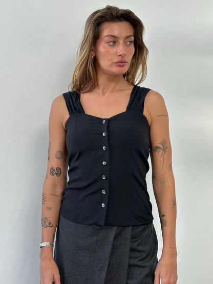 Vintage 1990s button-down sweetheart neckline top in size small, featuring retro floral print and classic vintage style.