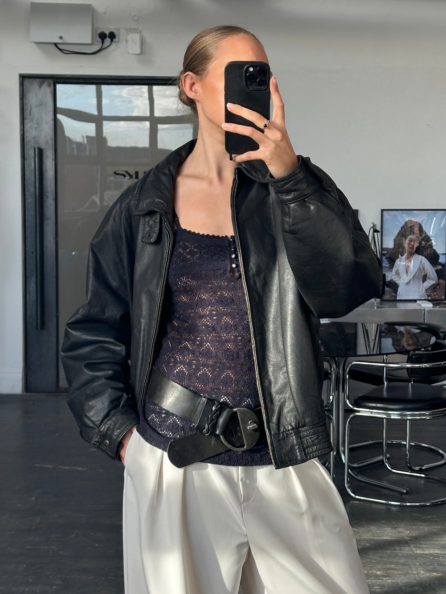 Vintage 1980s High Neck Leather Bomber Jacket - L