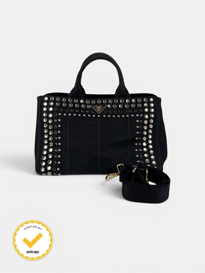 2000s Prada Black Canapa Studded 2-Way Handbag | O/S, Multicoloured