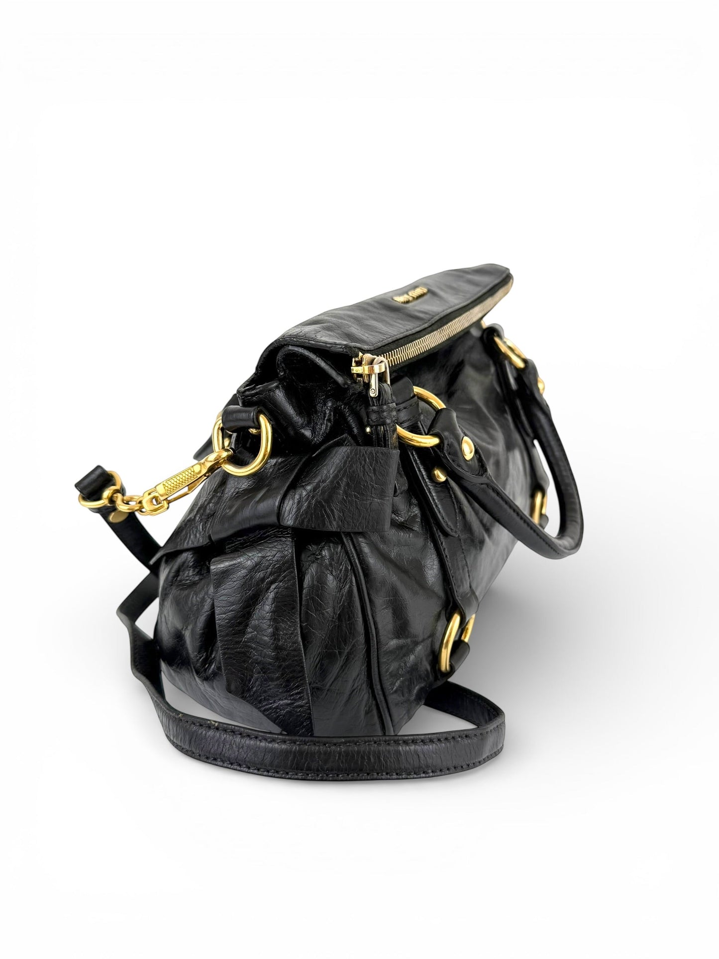 2012 Miu Miu Vitello Shine Leather 2way Bow Black Handbag | O/S, Black