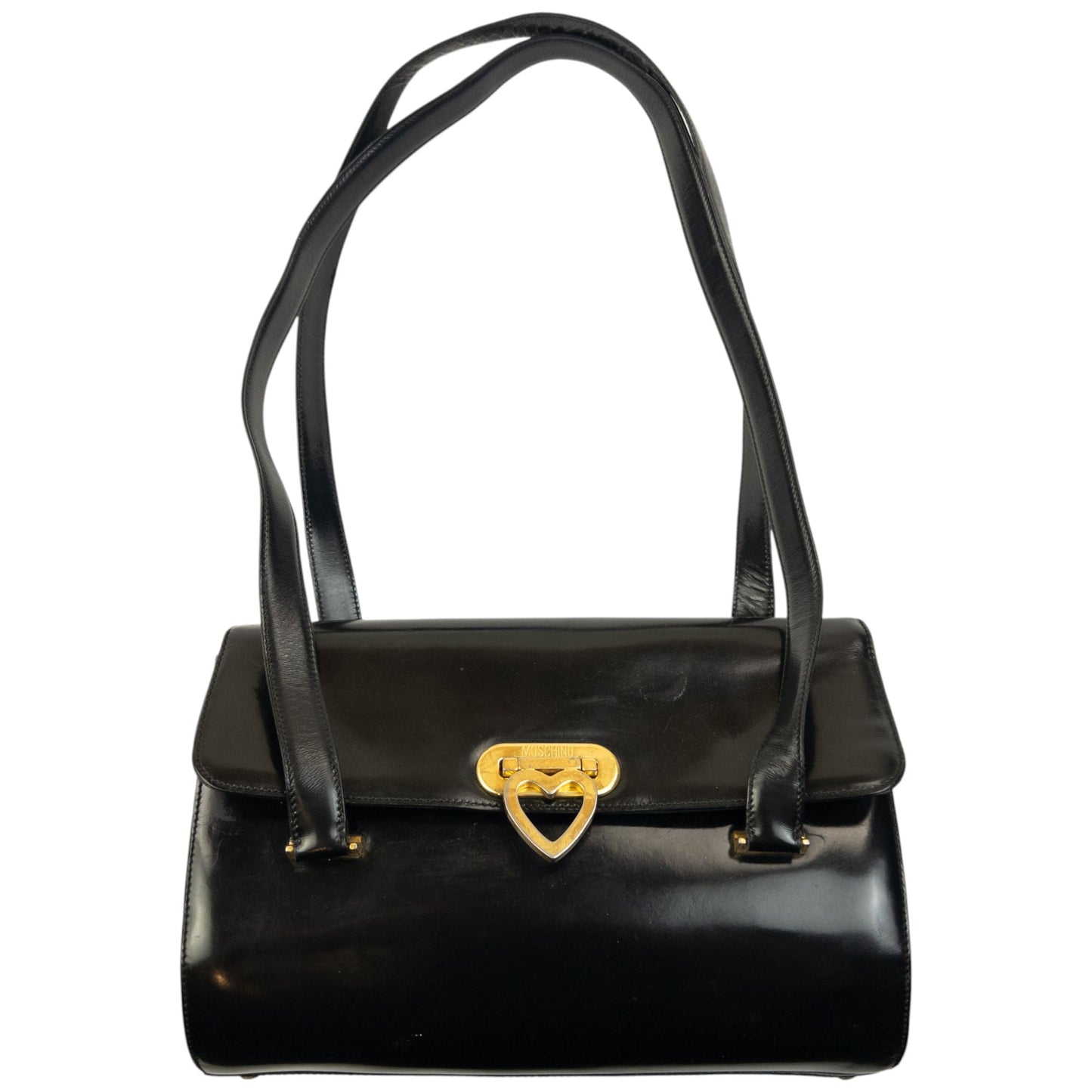 Vintage 2000s Moschino Heart Clasp Leather Shoulder Bag | O/S, Black