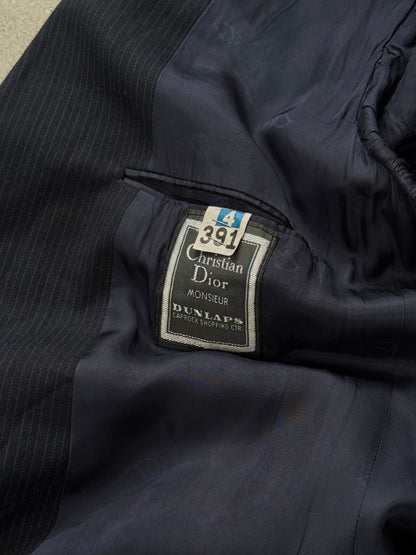 Christian Dior Monsieur 1980s wool striped blazer in size 40R, tailored fit with classic navy and white vertical stripes.
