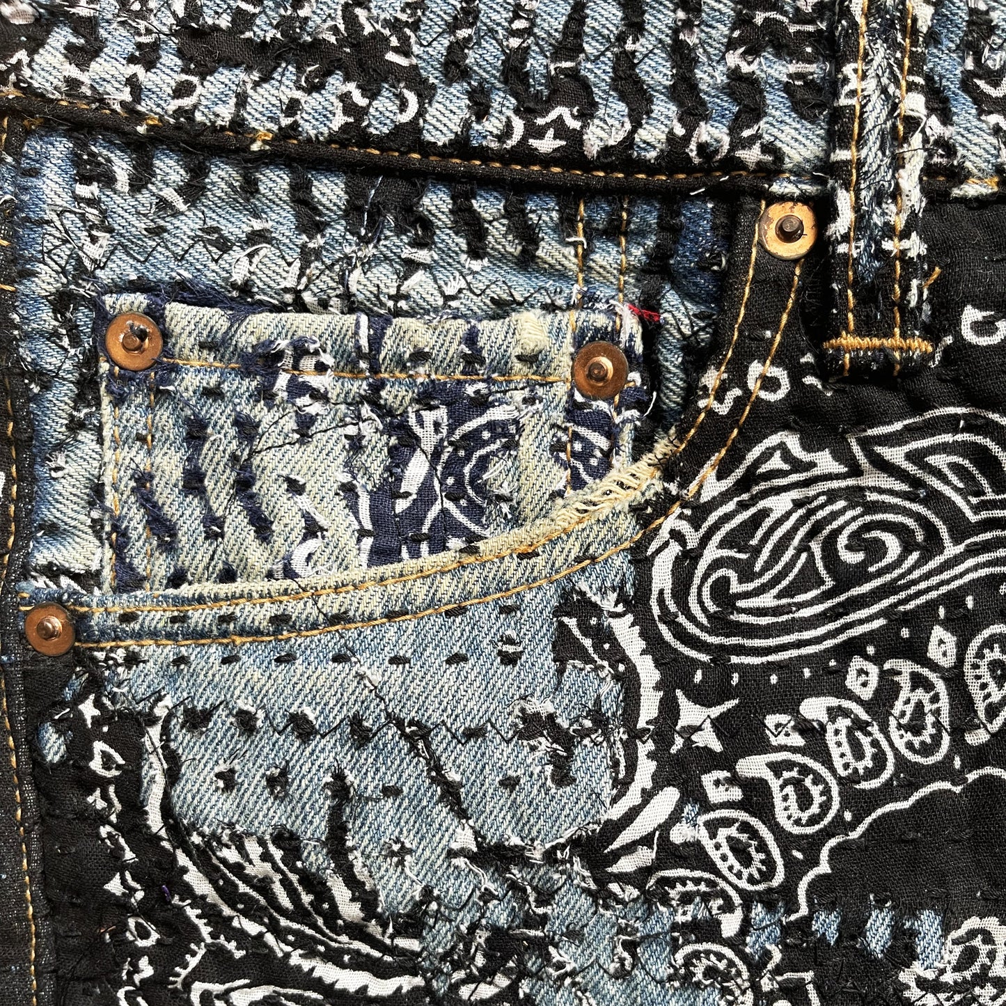 Boro Patchwork Sashiko Distressed Jeans - W34" | W34, Blue