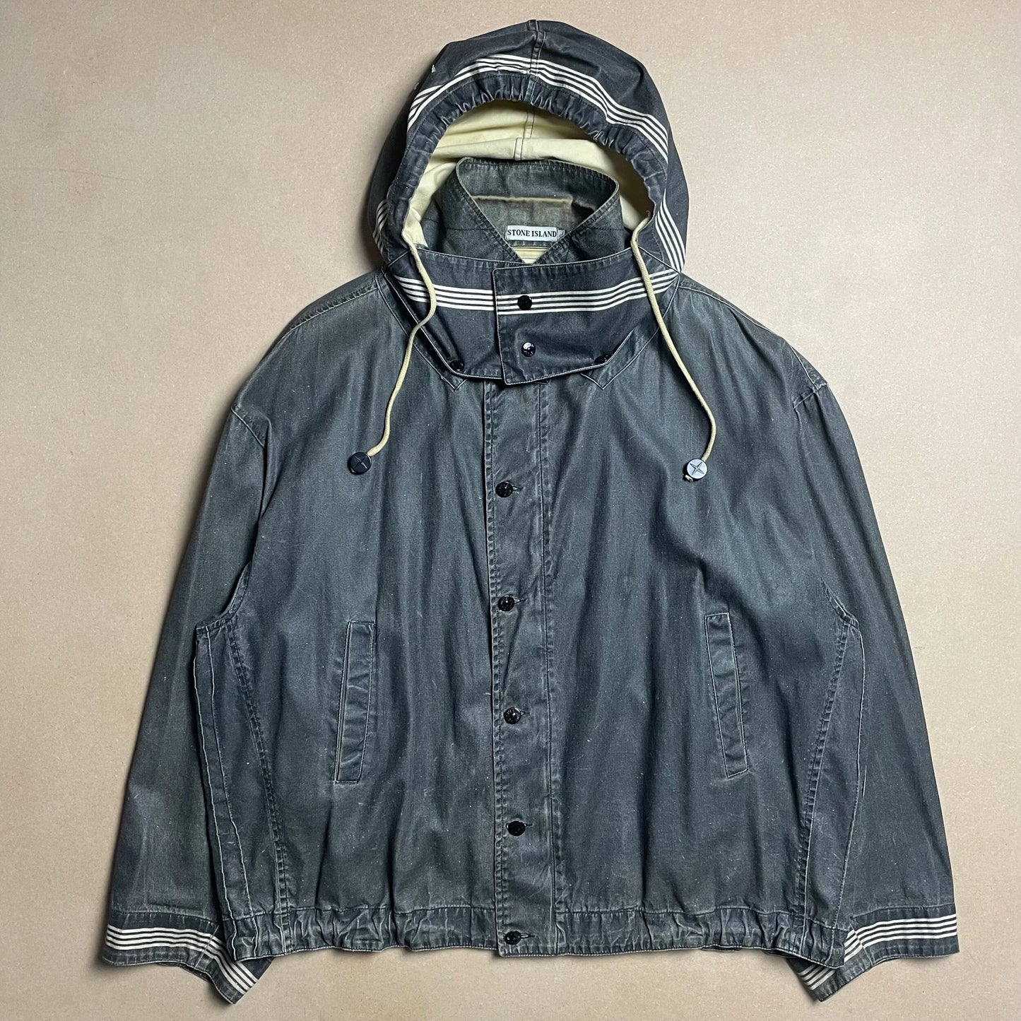 S/S 1986 Charcoal Grey Sail Cloth Marina Spell Out Hooded Coach Jacket