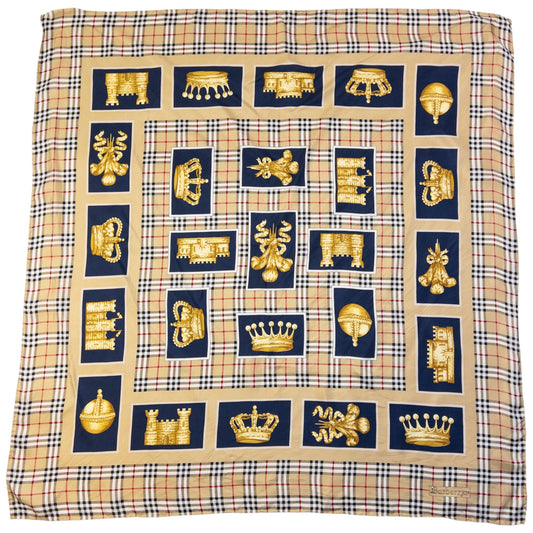 Vintage 80s Burberry Nova Check Royal Print Silk Scarf | O/S, Beige, Navy, Gold, Red