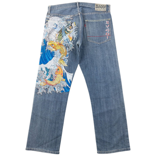 Vintage 2000s Sugoi Embroidered Koi Fish Japanese Denim Jeans Size W36
