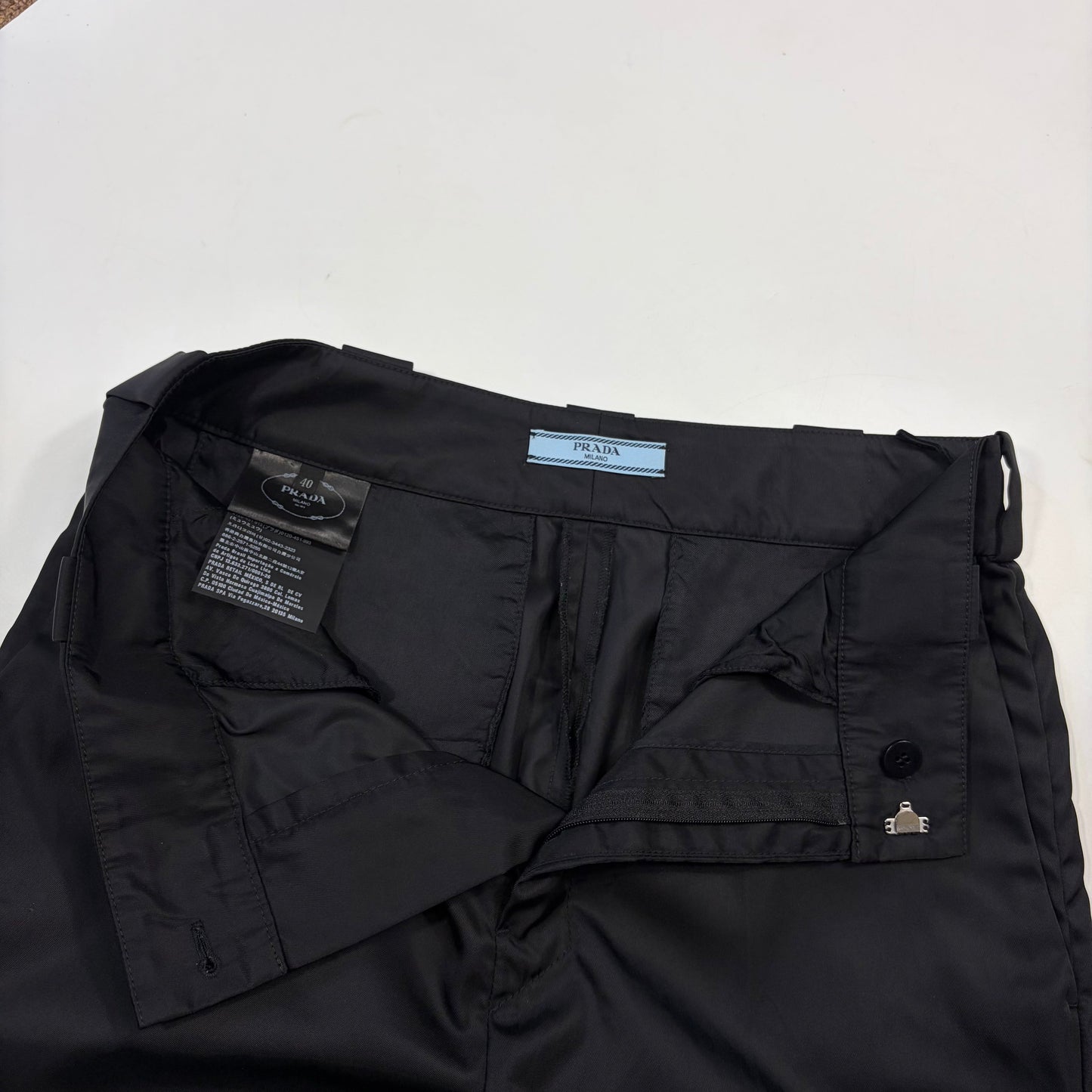 Prada Milano 2018 Black Nylon Gabardine Triangle Logo Trousers - IT40 | O/S, Black