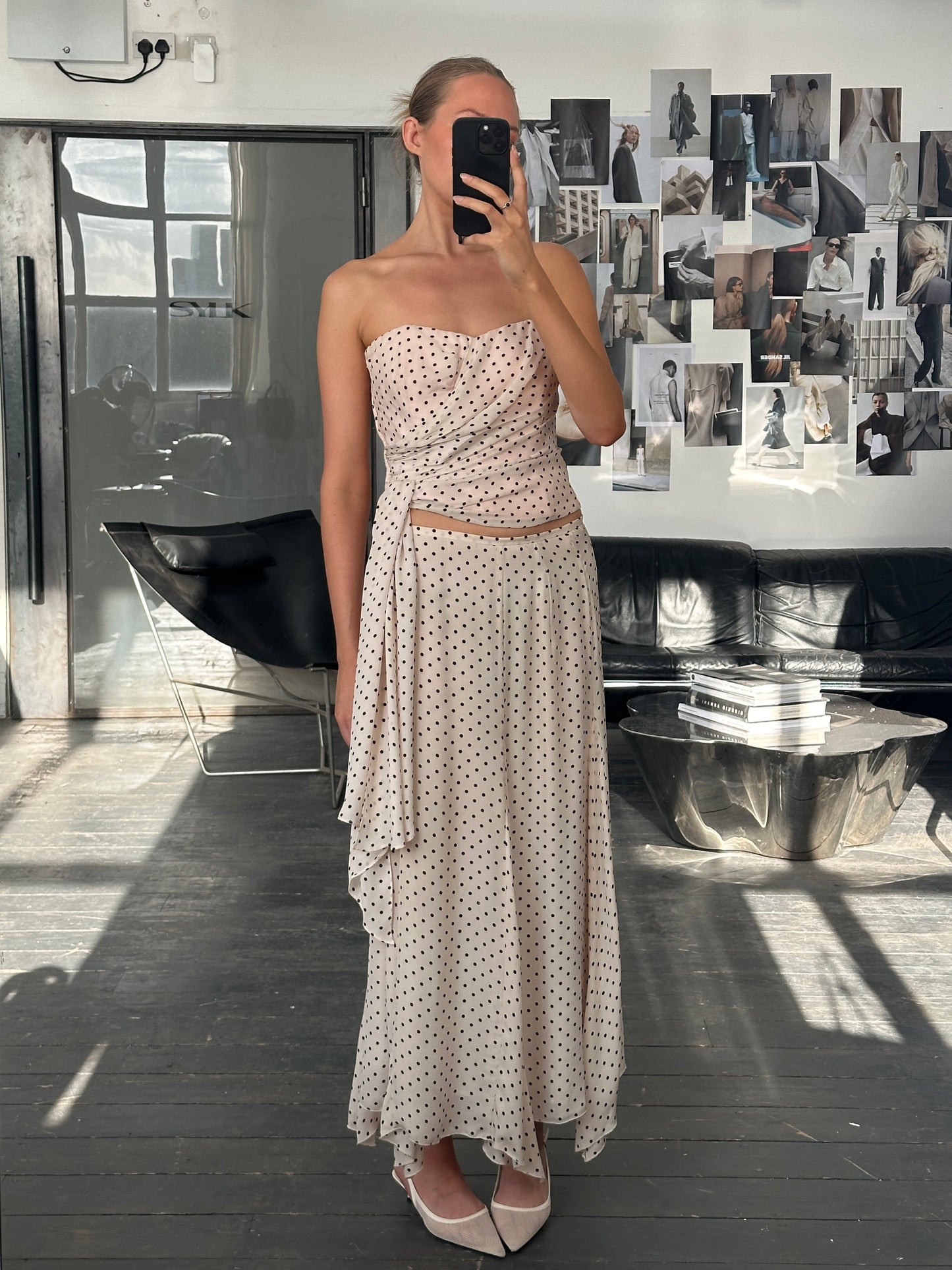 Jaeger 2000s Pure Silk Polkadot Two Piece Skirt Top Set - L/W28