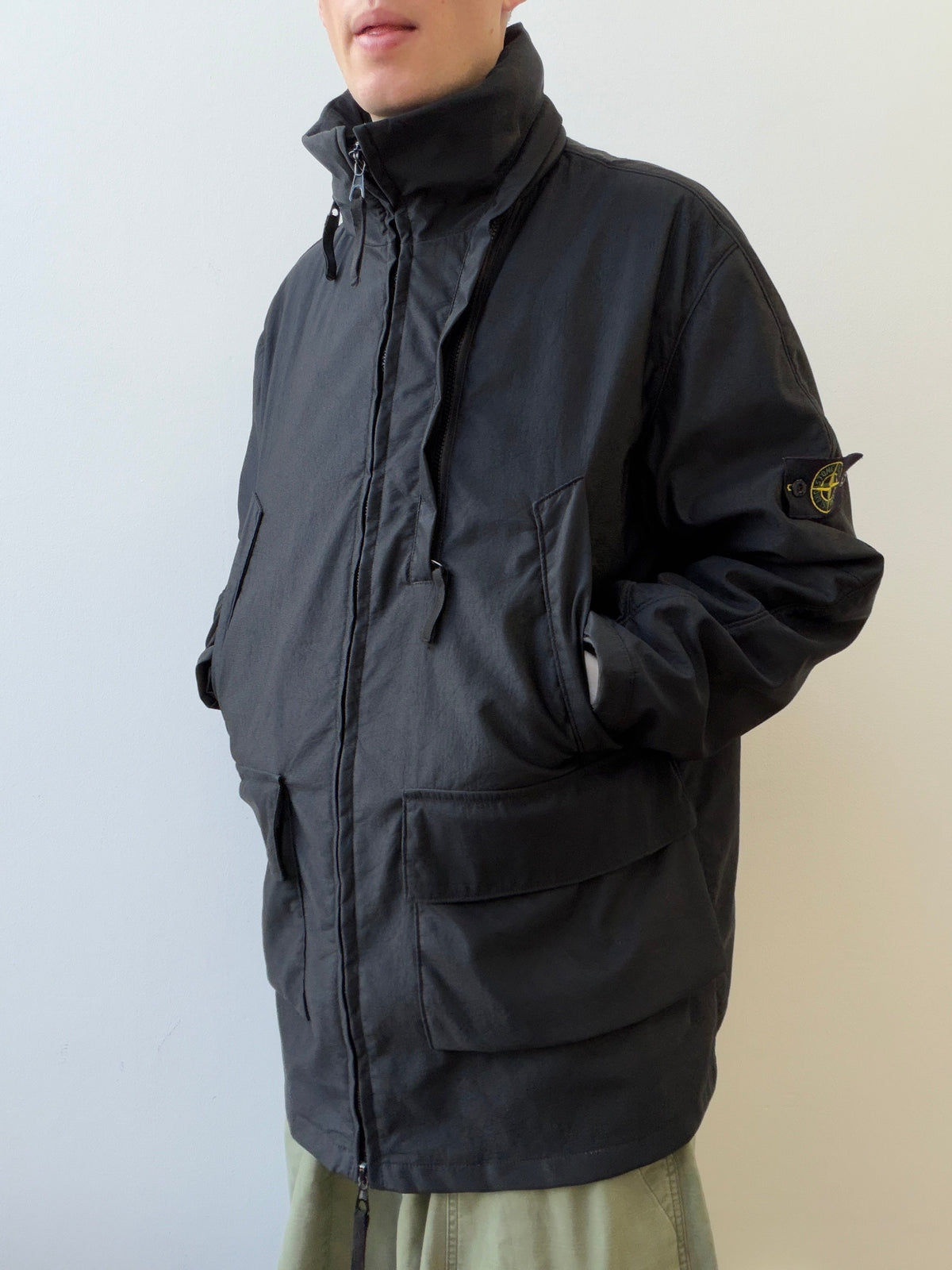 Stone Island AW00 Nylam Dutch Rope Liner Asymmetrical Overcoat | XX-Large, Black