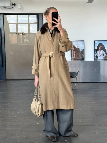 Vintage 1980s Wool Double Faced Fur Collar Belted Coat - S