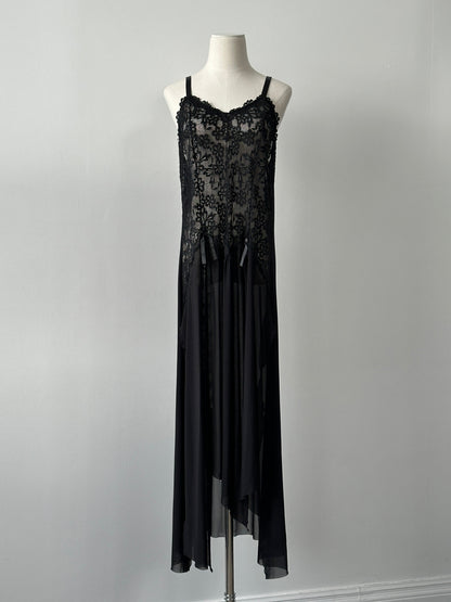 Vintage 2000s Lace Split Front Sheer Floor Length Dress - M-XL