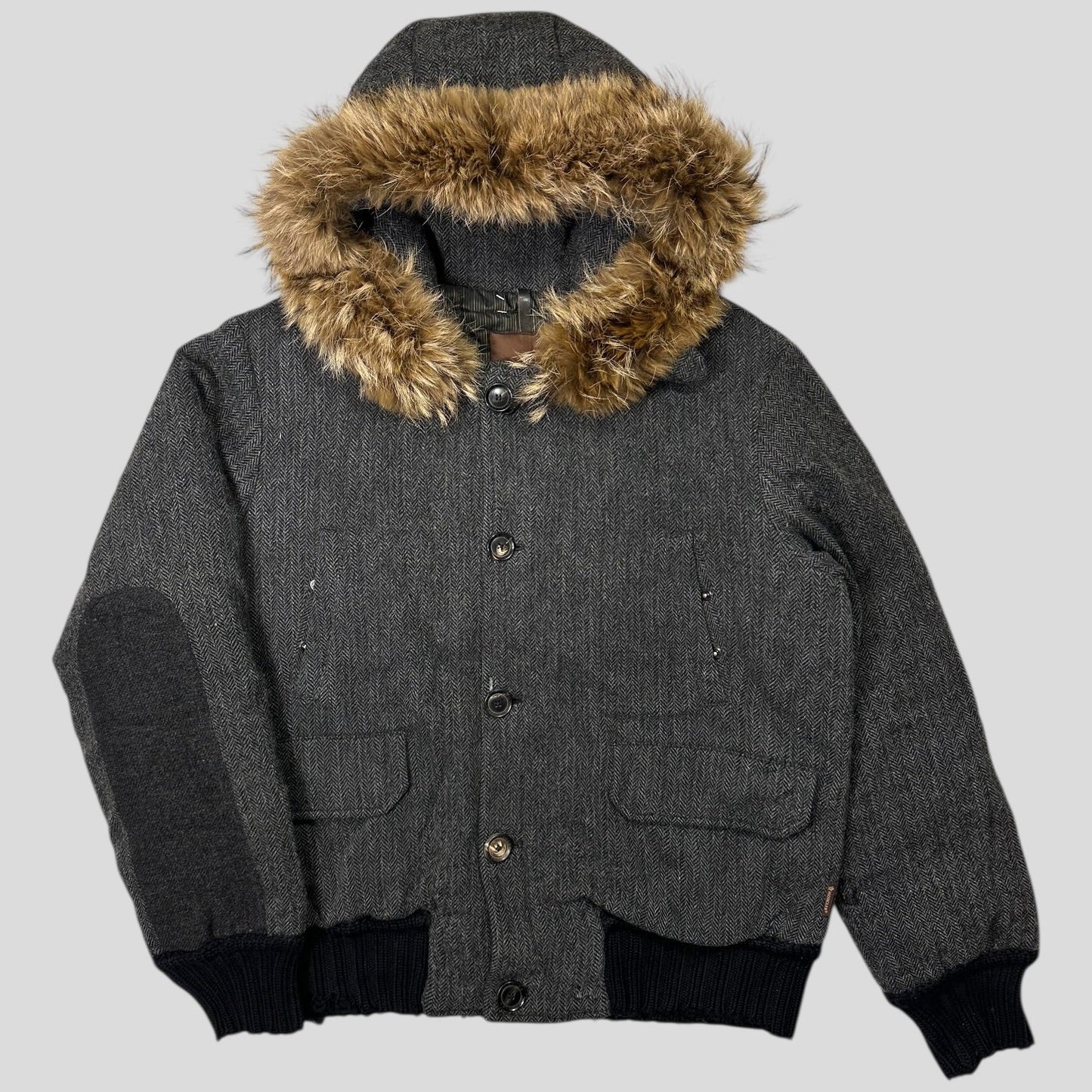 Moncler 00’s Herringbone Wool Down Detachable Fur Jacket - 3 (L) | Default Title, Brown