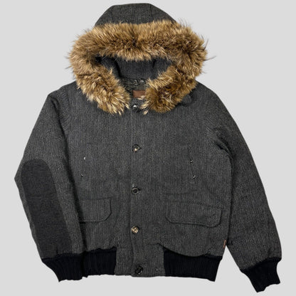 Moncler 00’s Herringbone Wool Down Detachable Fur Jacket - 3 (L) | Default Title, Brown
