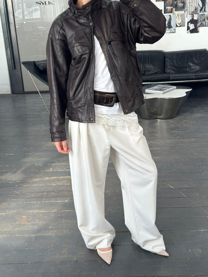 French Vintage 1980s High Neck Leather Bomber Jacket - L