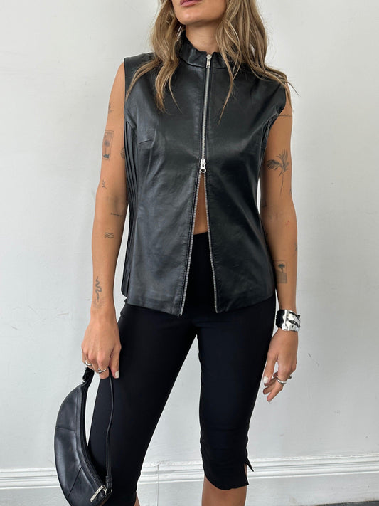 Vintage Leather Double Zip Pleated Vest Gilet Jacket - L - Known Source