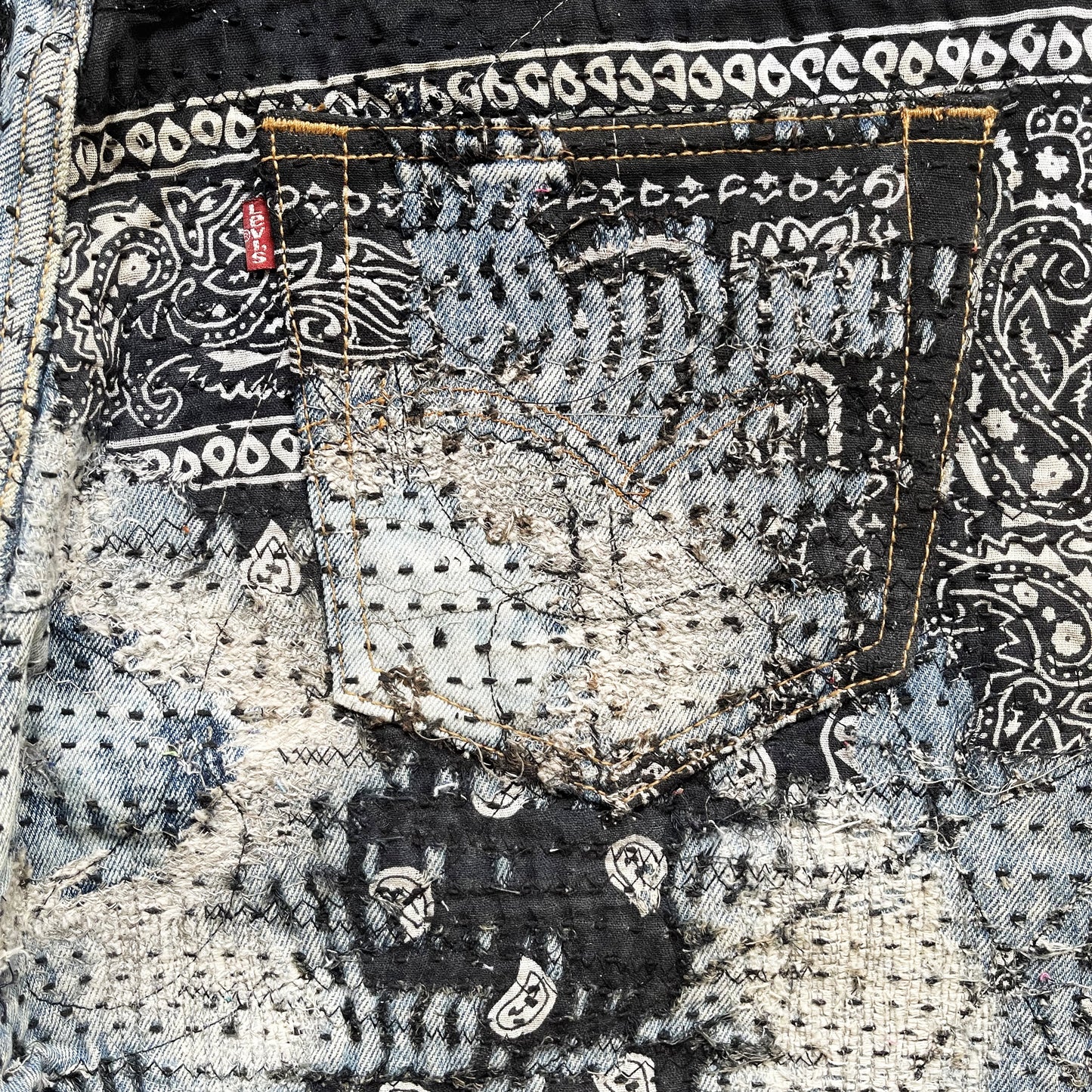 Boro Patchwork Sashiko Distressed Jeans - W34" | W34, Blue