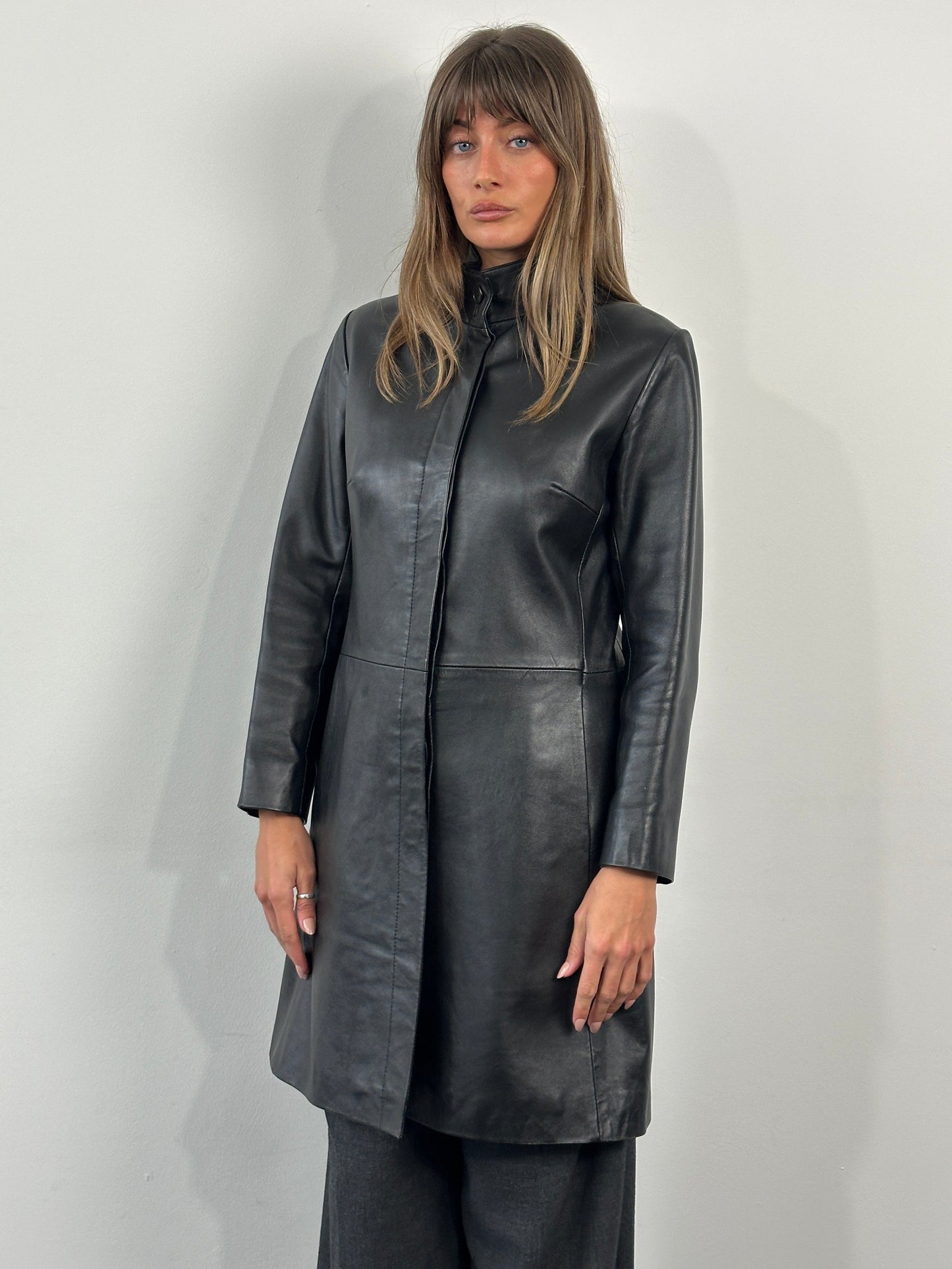 Vintage 1990s Minimal High Neck Leather Jacket - S