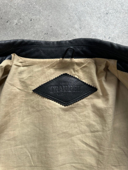 Vintage 1990s heavyweight leather jacket in black, minimal design with XXL size, featuring classic leather texture and stitching.