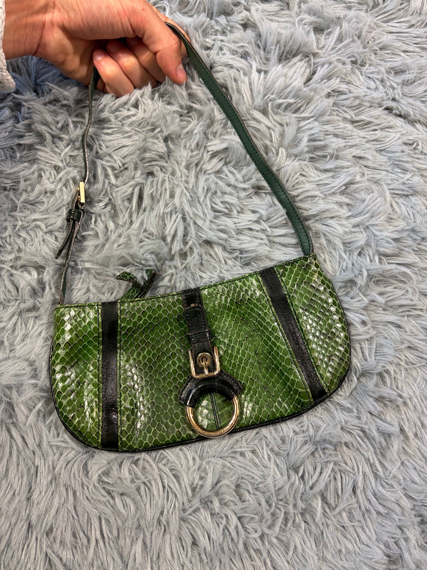 Dolce & Gabbana 00’s Python Skin Green Leather Shoulder Bag | O/S, Gold