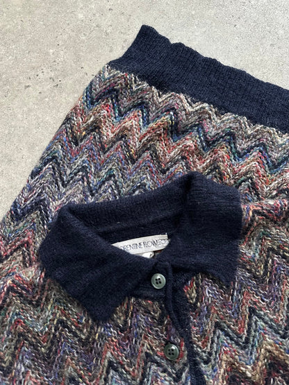 Italian Vintage 1990s Mohair Zig Zag Knitted Polo Jumper - L
