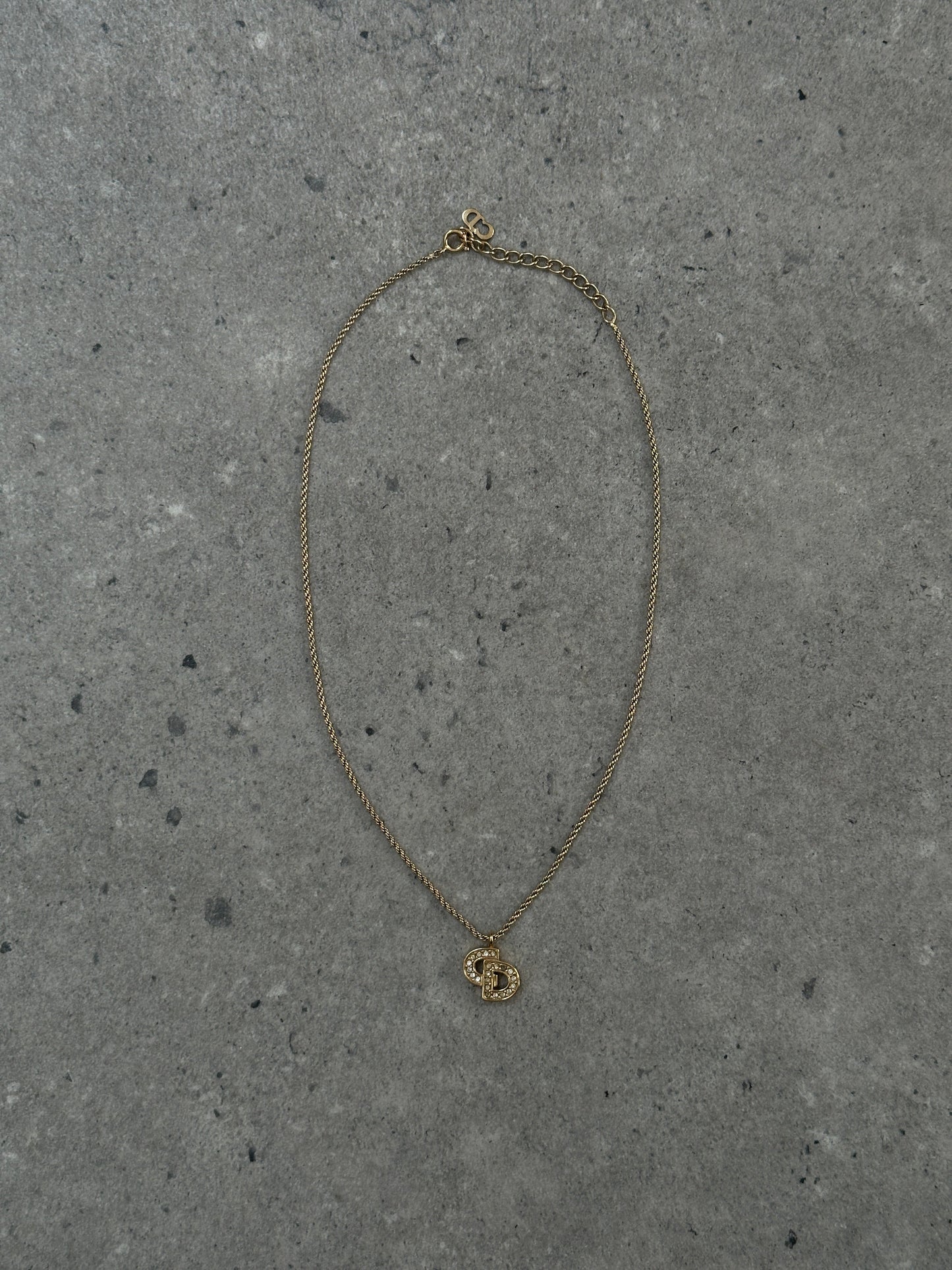 Christian Dior 16” Gold Plated Rhinestone Logo Pendant Necklace