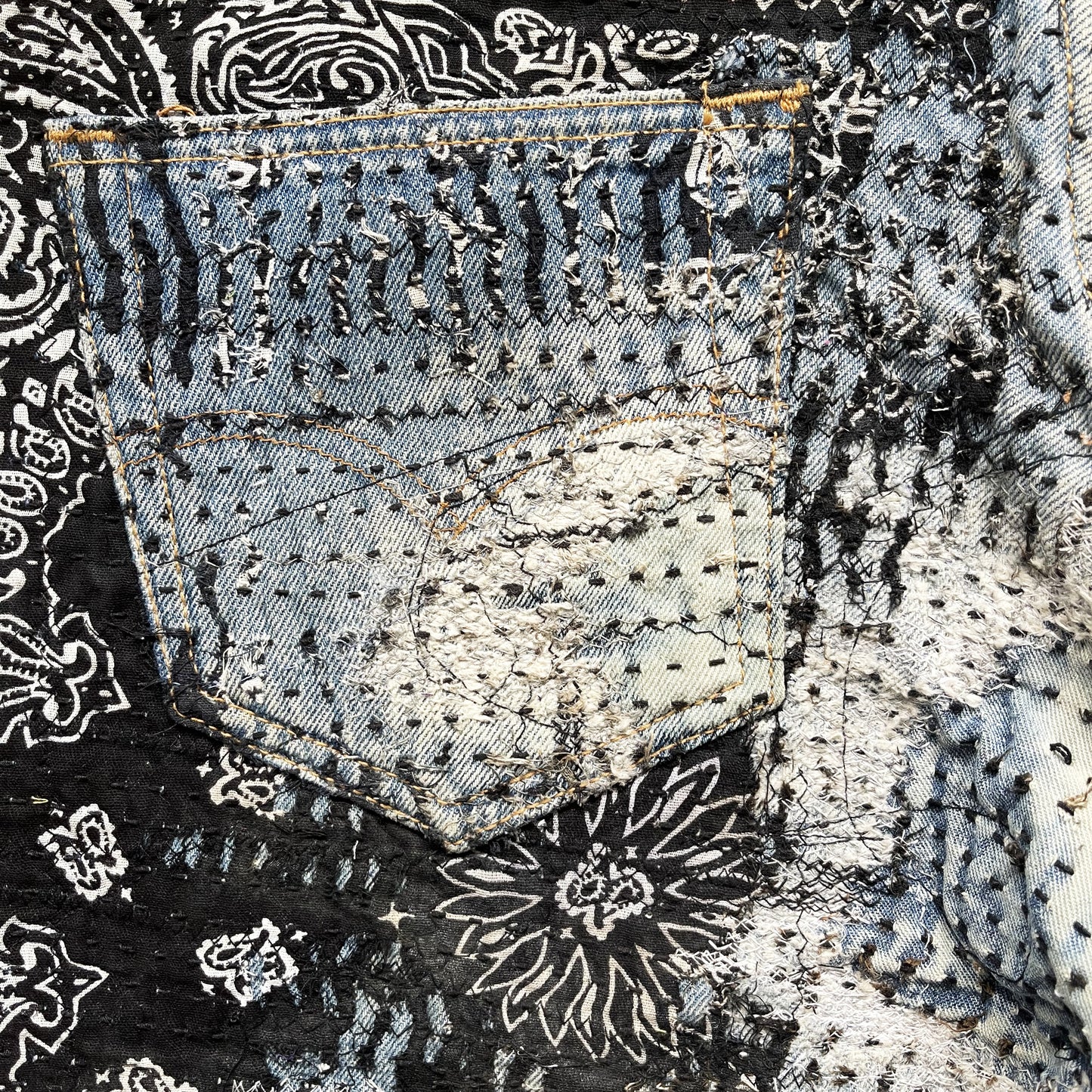 Boro Patchwork Sashiko Distressed Jeans - W34" | W34, Blue