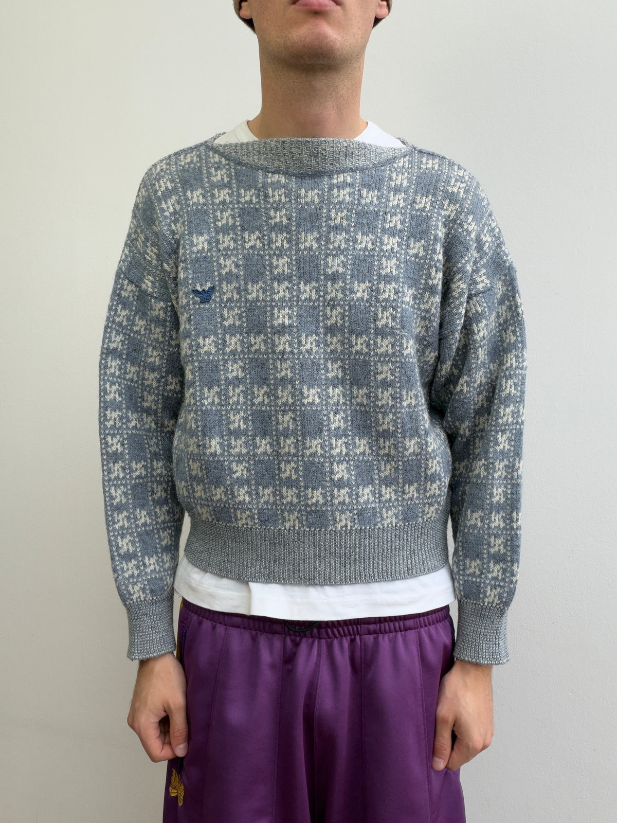 Emporio Armani 80s Grid Knit Jumper | Small, Light Blue