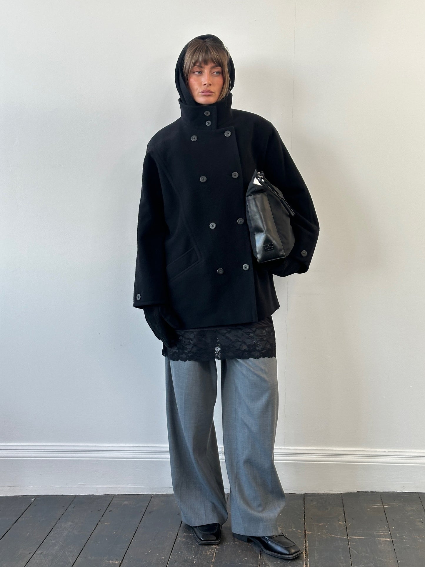 St Michael 1980s Pure Wool High Neck Double Breasted Coat - XL