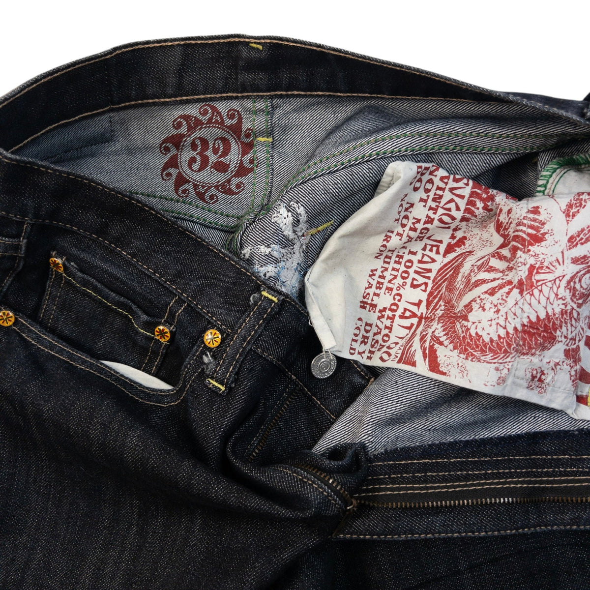 Vintage 2000s Sugoi Embroidered Mask & Koi Fish Japanese Denim Jeans Size W31 | W31, Navy