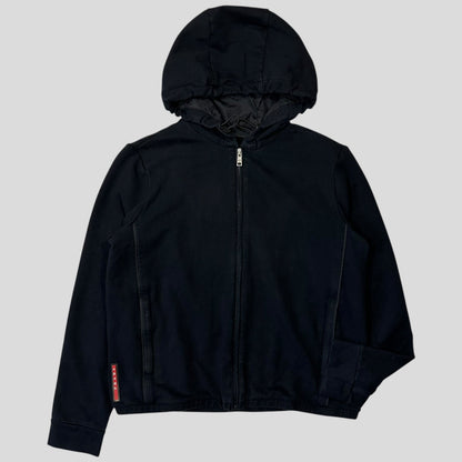 Prada 2017 Red Tab Boxy Cropped Piped Zip-up Hoodie - M