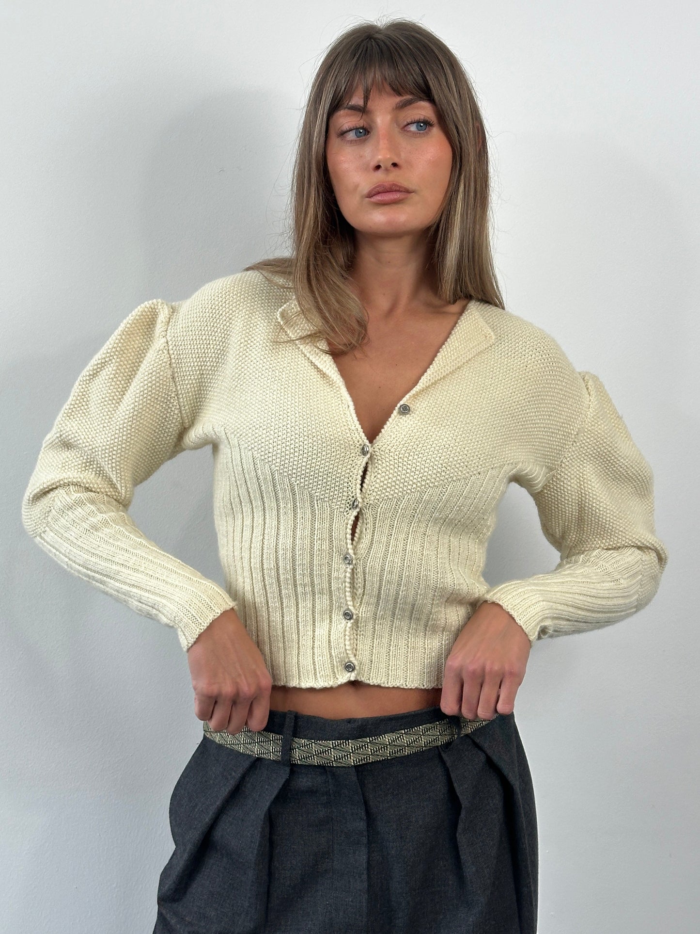Vintage 1980s Wool Puff Sleeve Knitted Cardigan - S/M