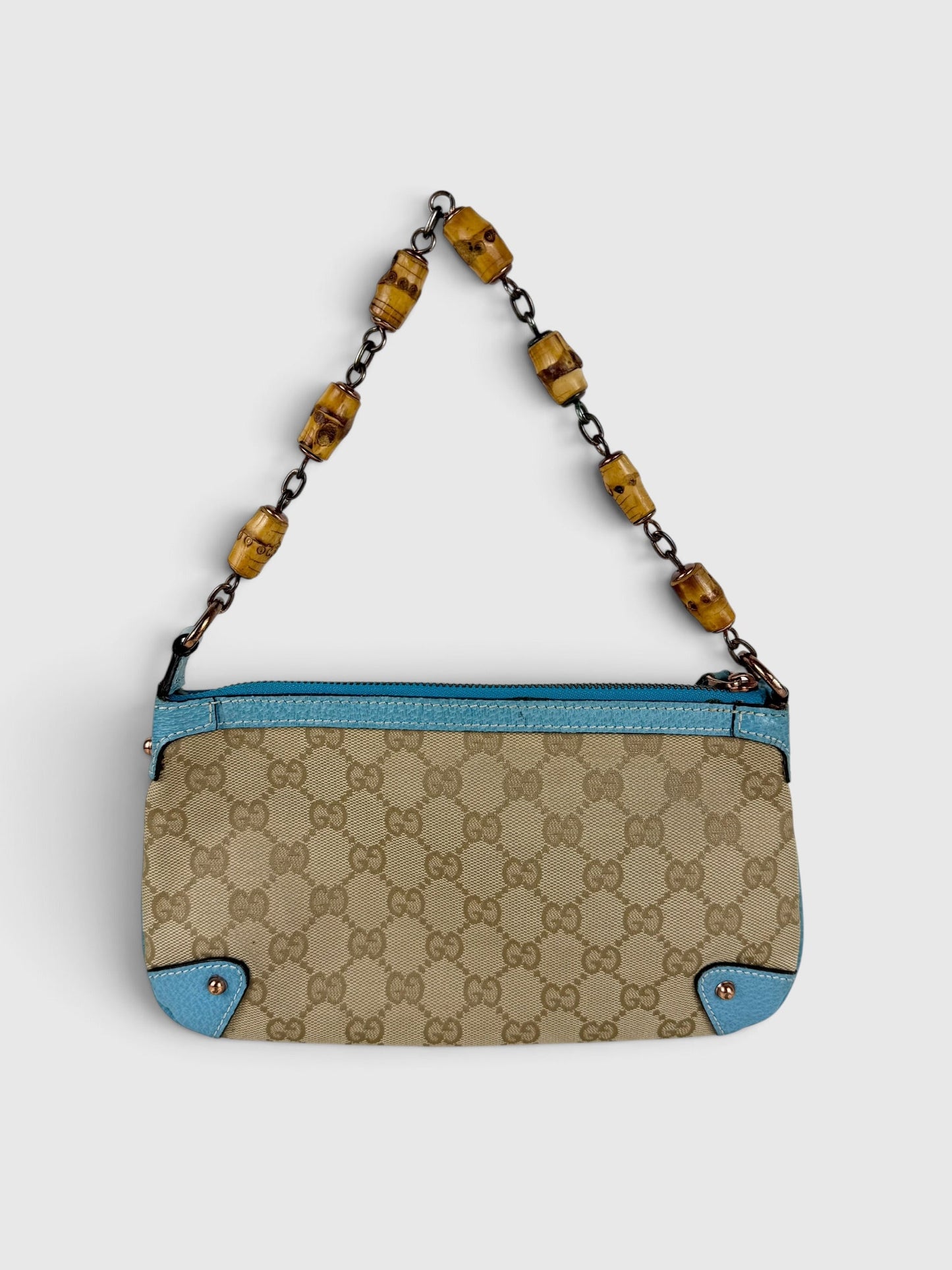 Vintage 90s Gucci Monogram Mini Bamboo Chain Shoulder Bag | O/S, Beige, Blue