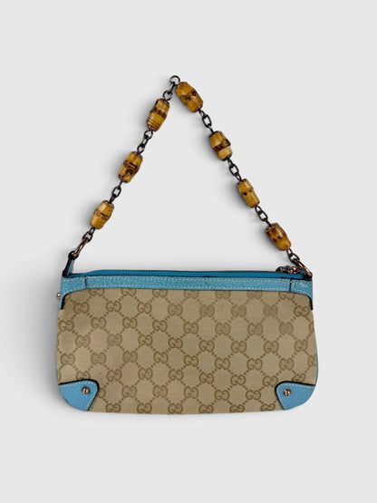 Vintage 90s Gucci Monogram Mini Bamboo Chain Shoulder Bag | O/S, Beige, Blue