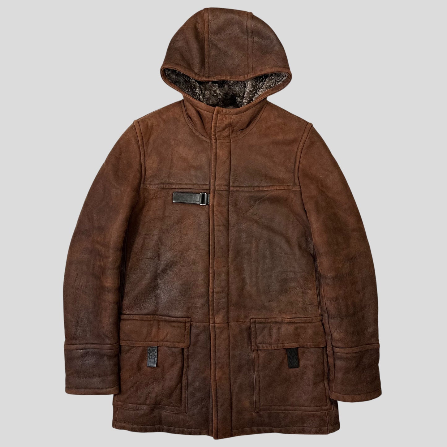 Prada Milano 2010 Sheepskin Fur & Leather Strap Hooded Coat - IT50 | O/S, Brown