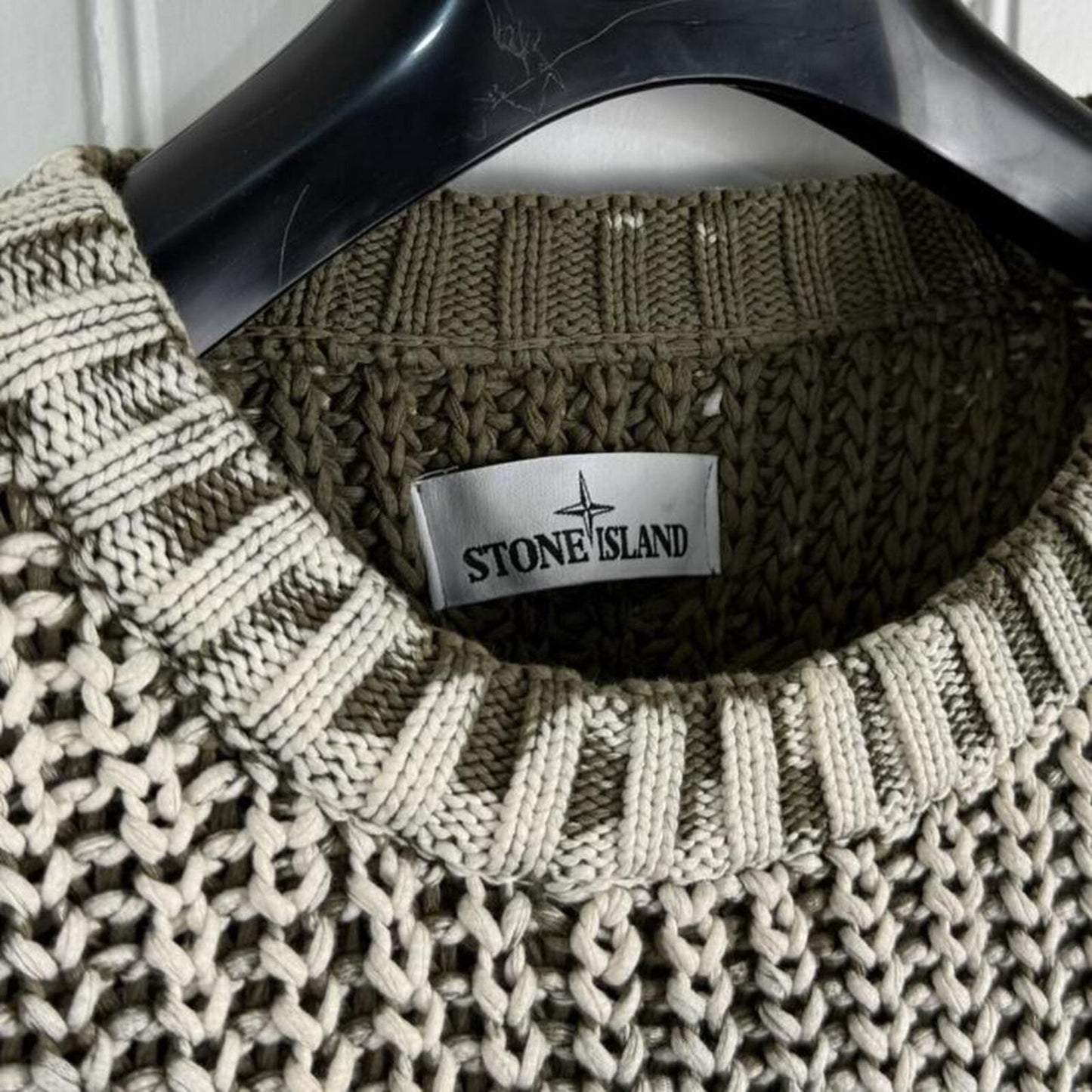Stone Island Hand Corrosion Cable Knit Jumper Green/Cream (XXL) | XXL, Multicoloured
