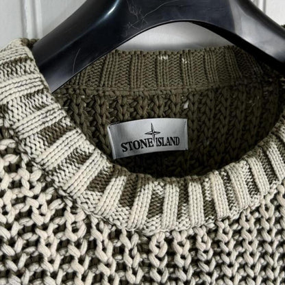 Stone Island Hand Corrosion Cable Knit Jumper Green/Cream (XXL) | XXL, Multicoloured