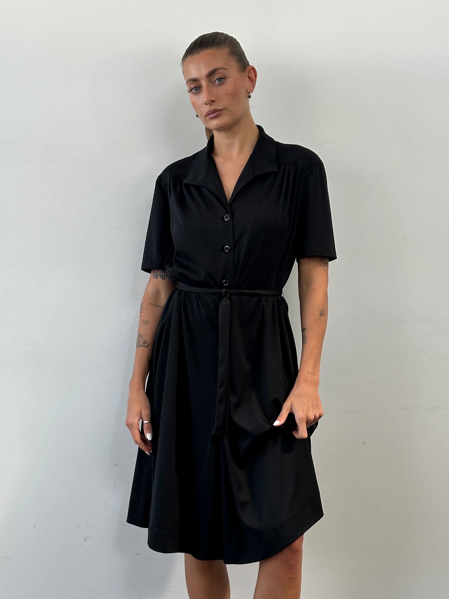 Vintage 1990s Belted Short Sleeve Midi Shirt Dress - L