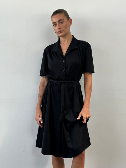 Vintage 1990s Belted Short Sleeve Midi Shirt Dress - L