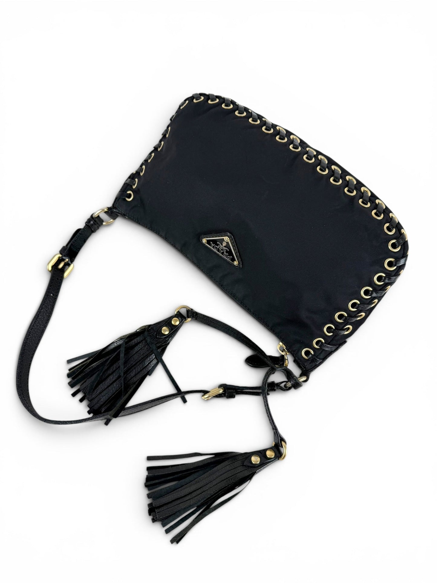 2000s RARE Prada Nylon Grommet Stitch Shoulder Bag | O/S, Black