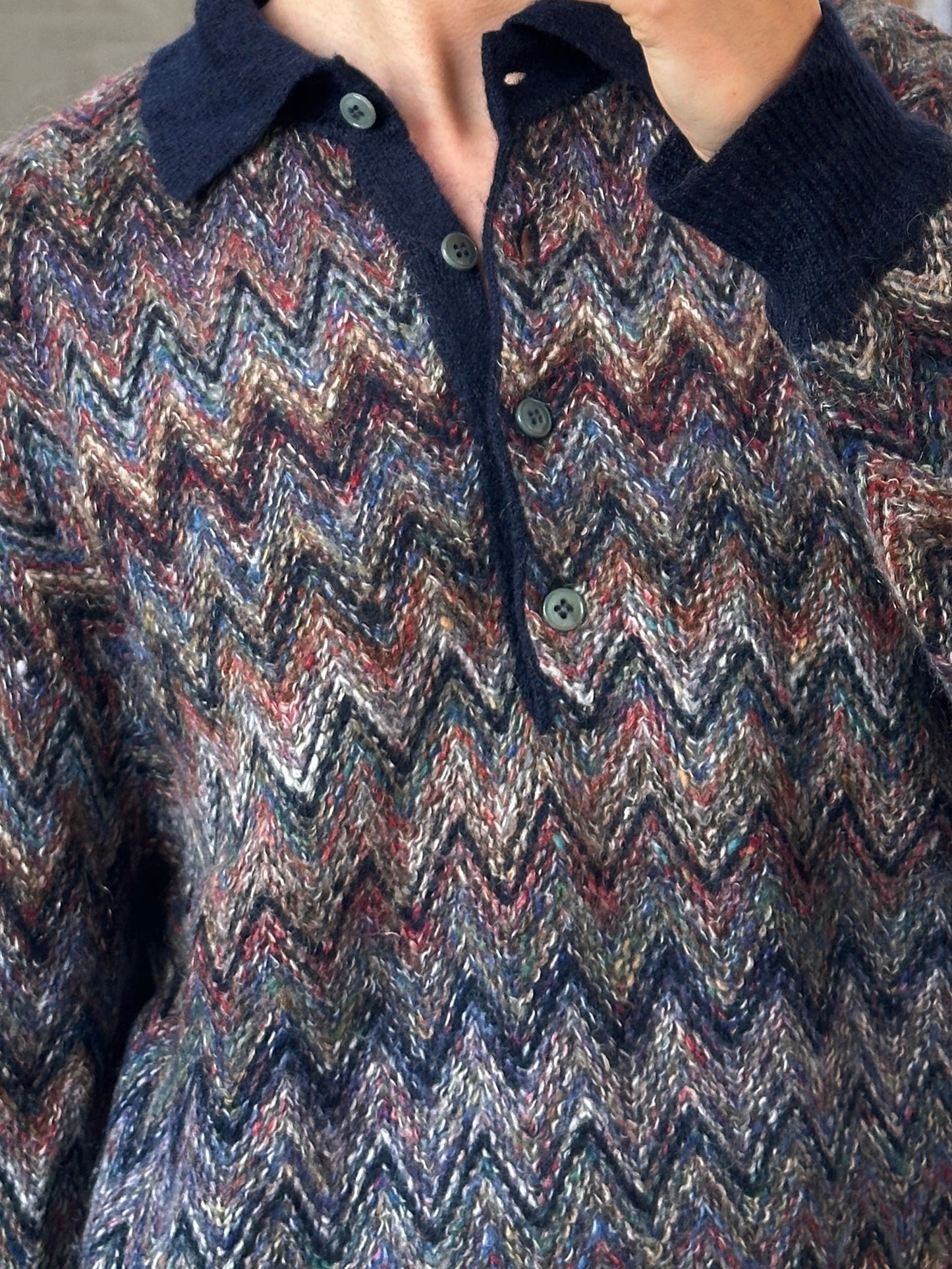 Italian Vintage 1990s Mohair Zig Zag Knitted Polo Jumper - L